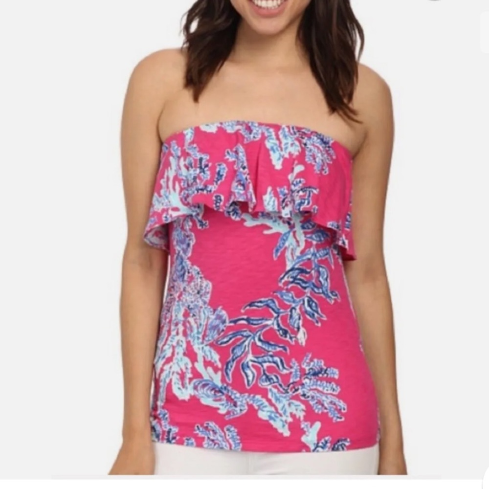 Women's Lilly Pulitzer Medium Wiley Capri Pink Samba Ruffle Blue Tube Top